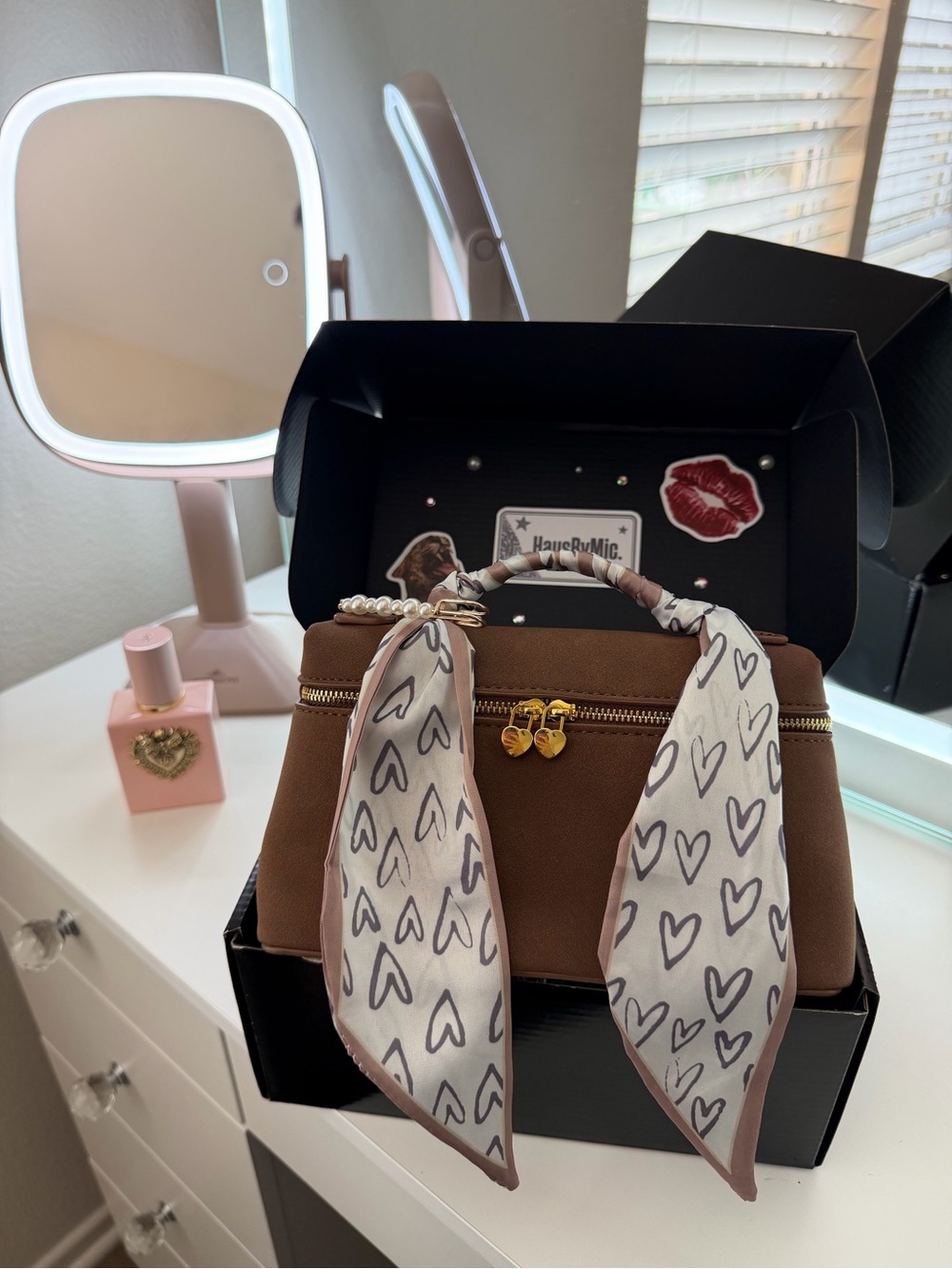 Brown Structured Top-Handle Bag with Heart Scarf Accent